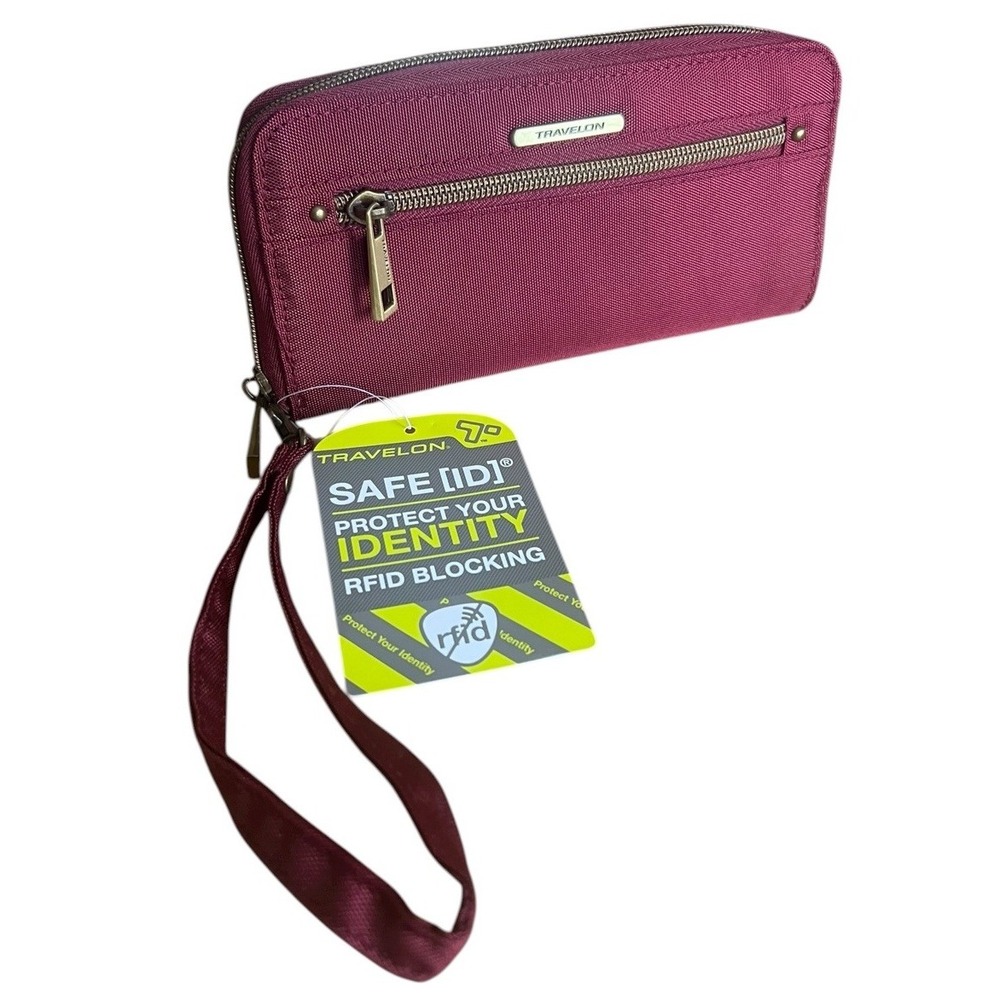Travelon‎ RFID Double Zip Wallet Wristlet Pouch Burgundy